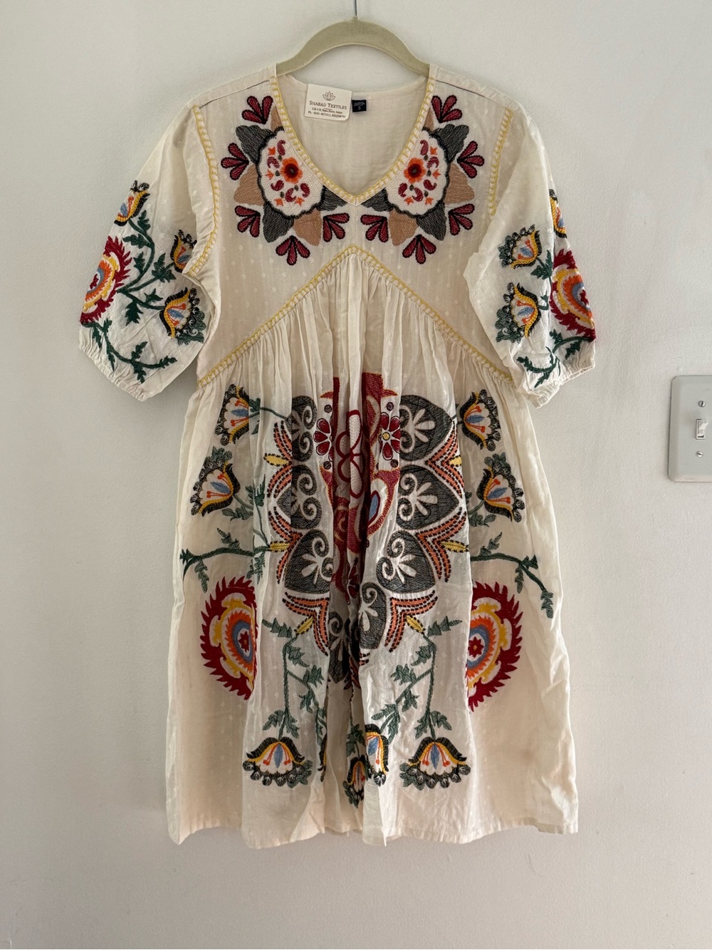 Embroidered Boho Tunic Dress with Multicolor Floral Motif Imported from Jaipur